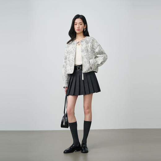NEELLY纳俪商场同款春新款清冷优雅提花短外套女圆领宽松显白上衣N26024C07701 商品图3