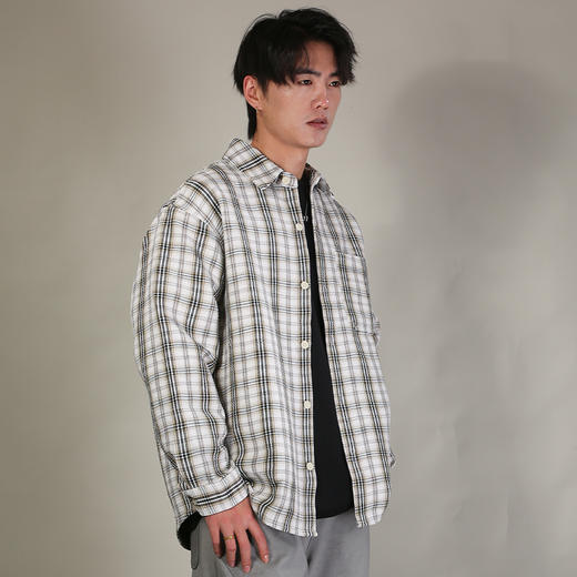 DRONKOO 2026 翻领左贴袋压皱撞色格纹微阔中厚衬衣外套 商品图1