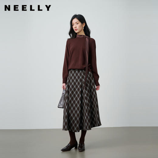 NEELLY纳俪商场同款春新款复古菱格A字半身裙女撞色吸睛休闲长裙N26014E06609 商品图0