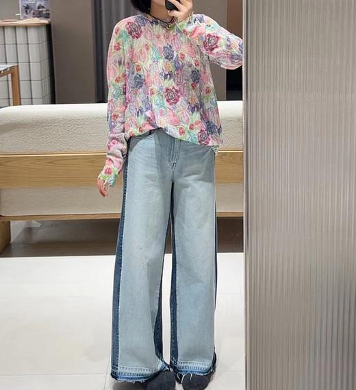F030149春新品牛仔裤高腰阔腿显瘦拼色毛边设计直筒休闲裤 商品图6