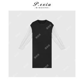 A007潘依绣丁丁宠粉新款极简拼接假两件圆领长款连衣裙Q5431