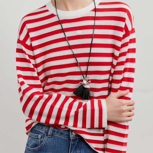NEELLY纳俪商场同款春季新款时尚撞色条纹长袖T恤女休闲百搭上衣N26011A01007 商品图2