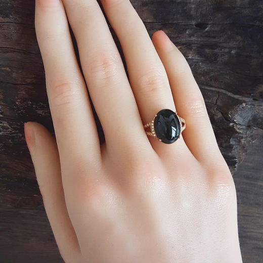 【天然正品】A货翡翠AU750玫瑰金镶钻镶天然细腻冰种蛋面墨翠戒指 14.0*10.4MM（皆取最大值）13.5号（戒圈可改）281025AH74 商品图7