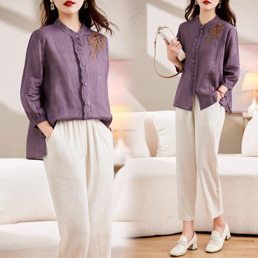 百媚生 绣花苎麻衬衫两件套透气棉麻套装 商品图0