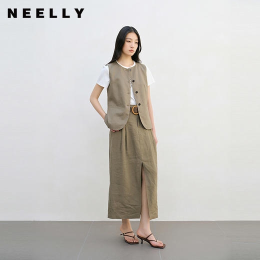 NEELLY纳俪商场同款夏新款经典百搭A字廓形半身裙女文艺开衩长裙N26044E04564 商品图0