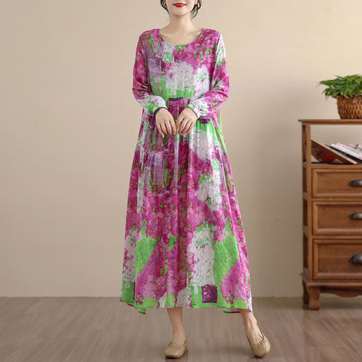 百媚生 复古文艺印花连衣裙女春秋长袖棉麻长裙C024-5097 商品图2