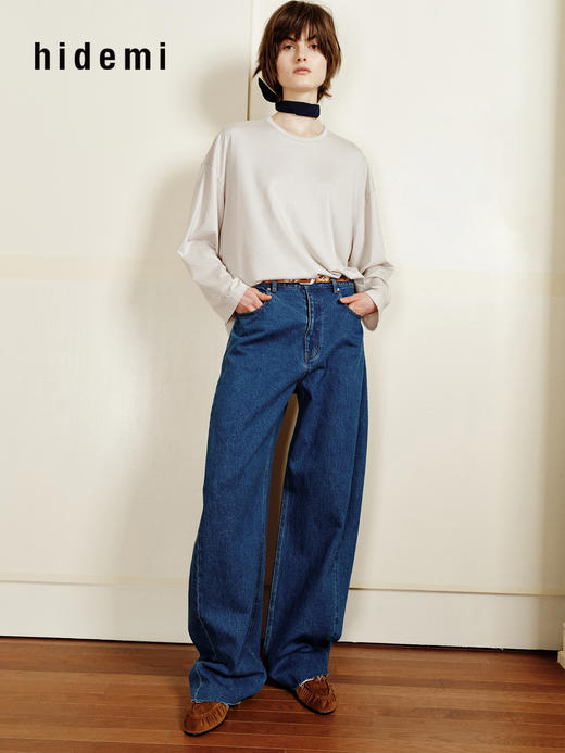 hidemi副线小h 松弛感宽松落肩圆领长袖T恤 商品图8