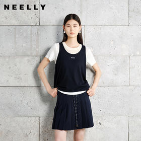 NEELLY纳俪商场同款春季新款时尚假两件针织衫女撞色短袖气质上衣N26024A04511