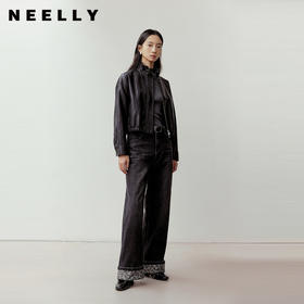 NEELLY纳俪商场同款春季新款时髦拼接花纹阔腿裤女休闲复古直筒裤N26012H01050