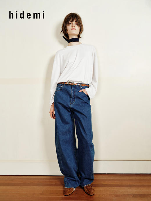 hidemi副线小h 松弛感宽松落肩圆领长袖T恤 商品图5