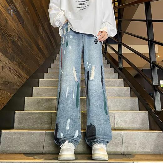 F030184高品质重工水洗刺绣涂鸦美式复古洗旧直筒牛仔裤 商品图2