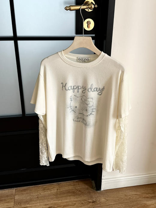 韩国东大门KT猫蕾丝拼接卡通印花假两件T恤 商品图5