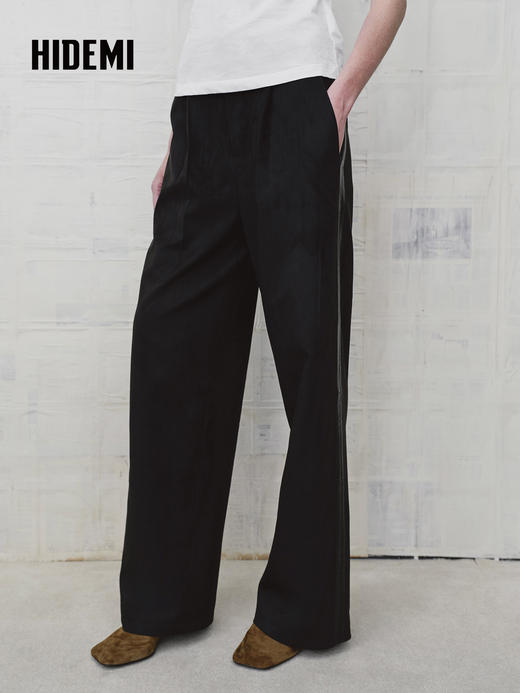 HIDEMI 复古环保麂皮绒廓形套装圆领拼皮油蜡皮套头上衣/阔腿长裤 商品图7