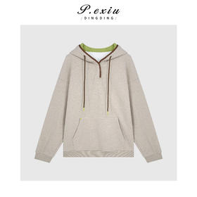 A008潘依绣丁丁宠粉韩系撞色慵懒风宽松加厚磨绒连帽抽身简约卫衣Q85484