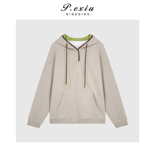A008潘依绣丁丁宠粉韩系撞色慵懒风宽松加厚磨绒连帽抽身简约卫衣Q85484 商品图0