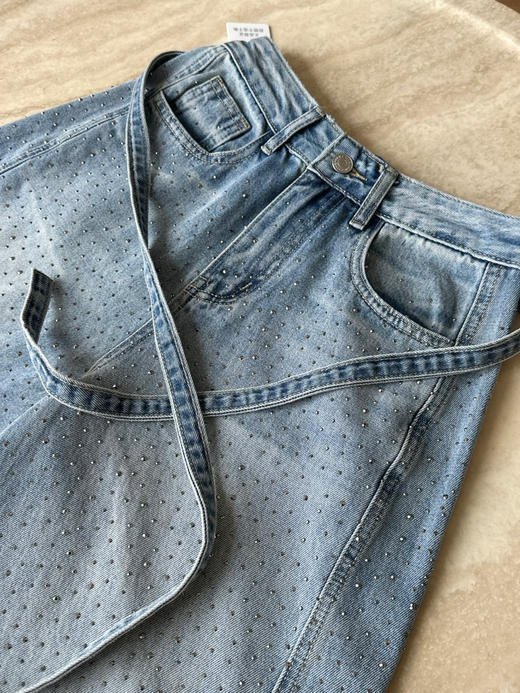 春季新款璀璨星河~重工细闪满天星烫钻高腰显瘦阔腿牛仔裤（配腰绳） 商品图8