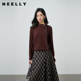 NEELLY纳俪商场同款春新款复古棕色飘带针织衫女休闲摩登减龄上衣N26014A03309