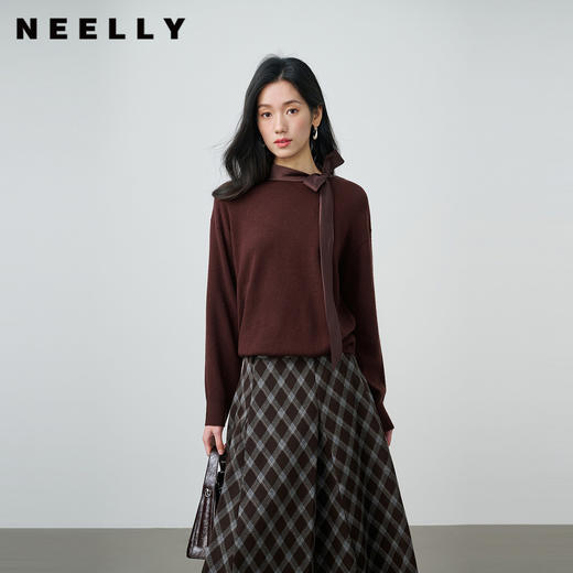 NEELLY纳俪商场同款春新款复古棕色飘带针织衫女休闲摩登减龄上衣N26014A03309 商品图0