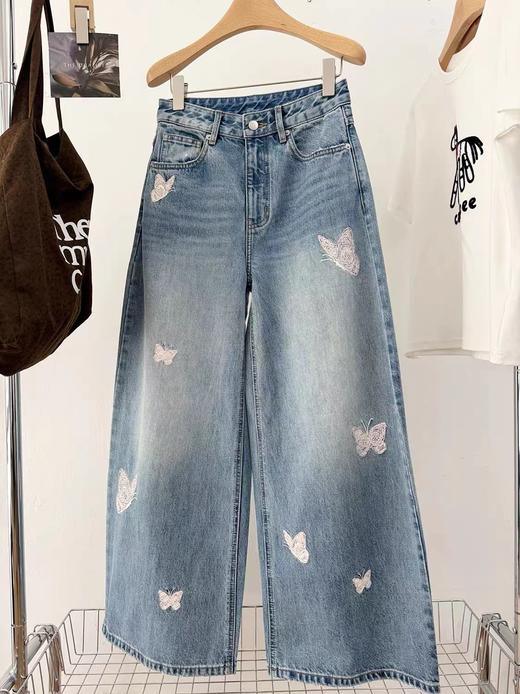 F030148重工刺绣蝴蝶结高品质浅蓝色宽松阔腿牛仔裤女春季拖地长裤 商品图14