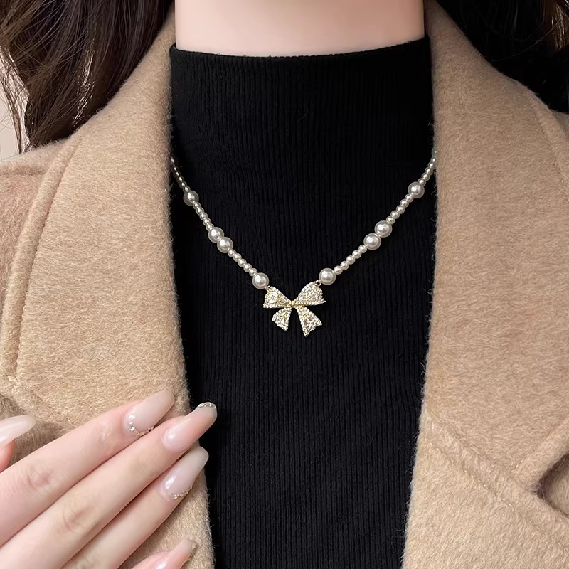 雀说 满钻蝴蝶结珍珠项链女轻奢高级感锁骨链XL6227