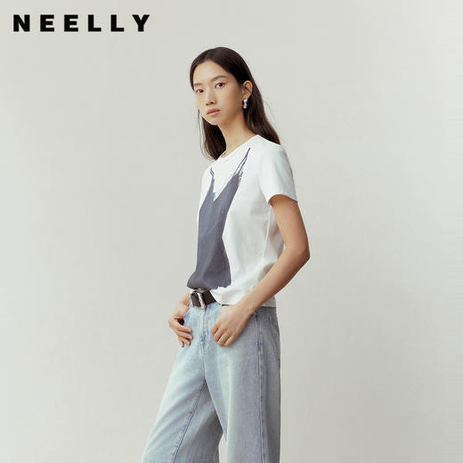 NEELLY纳俪商场同款春季新款时尚正肩印花T恤女通勤亲肤舒适上衣N26023T01083 商品图0