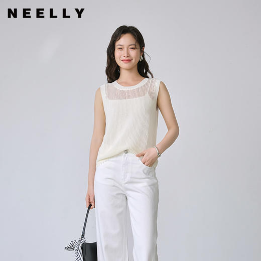 NEELLY纳俪商场同款夏季新款无袖拼接镂空针织衫女舒适休闲上衣N26044A04580 商品图0