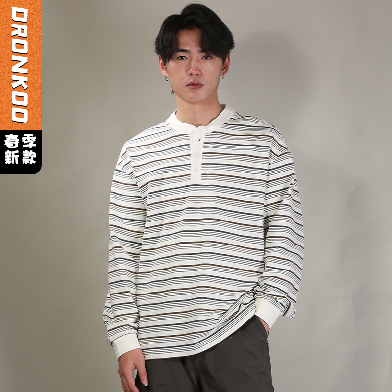 DRONKOO 2026 圆领前开扣多色细条纹长袖中厚T恤