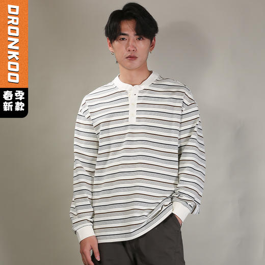 DRONKOO 2026 圆领前开扣多色细条纹长袖中厚T恤 商品图0