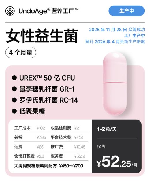 女性益生菌 4 个月量｜科汉森原料UREX™ 50 亿CFU鼠李糖乳杆菌GR-1、罗伊氏乳杆菌RC-14【2025年11月众筹成功，工厂生产中，2026年4月更新生产进度】 商品图0