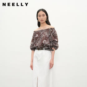 NEELLY纳俪商场同款夏新款复古优雅一字肩上衣女显瘦百搭宽松T恤N26054R04635