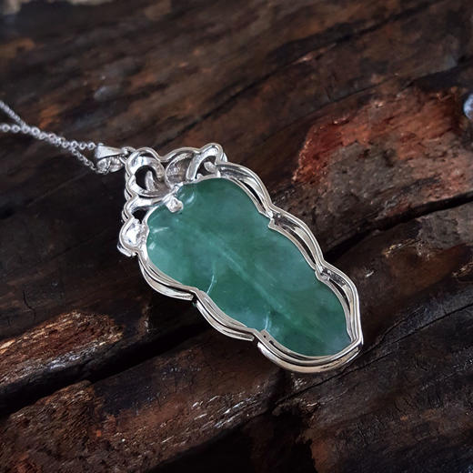 【天然正品】A货翡翠AU750白金镶钻镶天然细腻冰种叶子（金枝玉叶）翡翠吊坠项链40.6*17.9*7.7MM（皆取最大值）281025AH12 商品图4