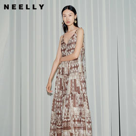 NEELLY纳俪商场同款春新款气质印花吊带连衣裙女中长款收腰A字裙N26034Y04508