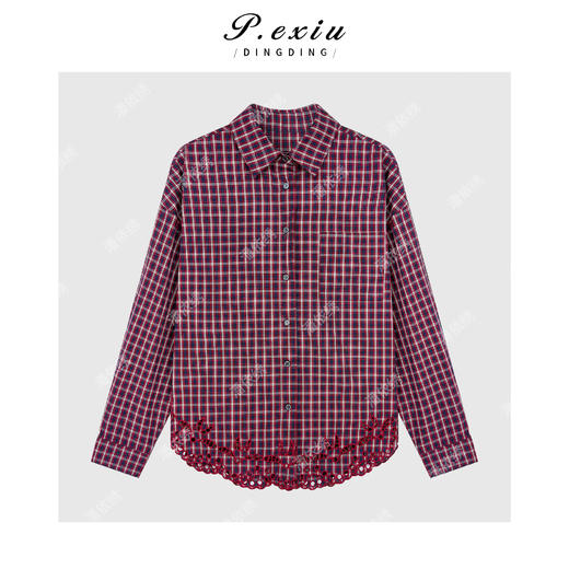 100%棉镂空刺绣撞色格纹阔版宽松翻领长袖衬衫W-63523 商品图0