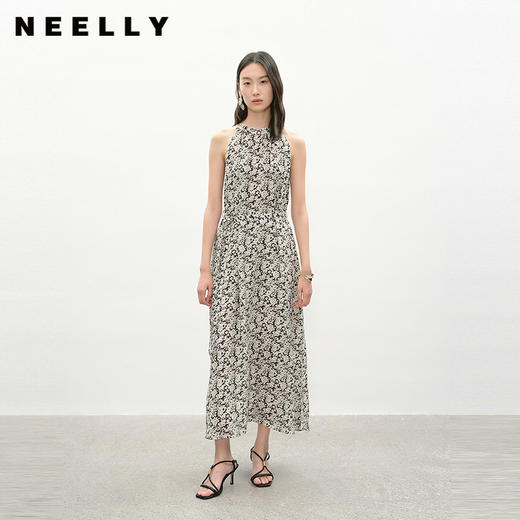 NEELLY纳俪商场同款夏季新款黑白碎花挂脖连衣裙女复古休闲中长裙N26044Y04568 商品图0