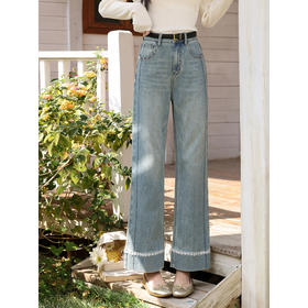 鹿向南「溪畔花曳」蓝色直筒牛仔裤春季新款时尚宽松阔腿长裤子女
