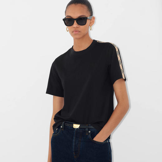 BURBERRY 巴宝莉 女士马术骑士徽标刺绣格纹装饰棉质圆领短袖T恤 黑色 8106282 A1189 商品图2