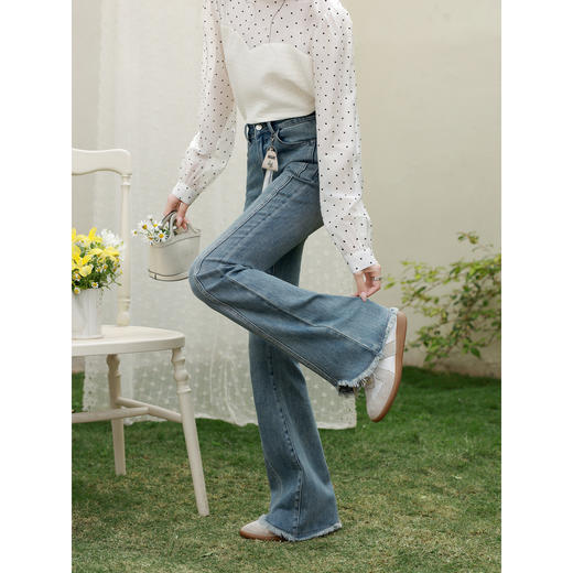 鹿向南「蓝调少女」蓝色高腰直筒毛边牛仔裤女春新款显瘦微喇长裤 商品图2