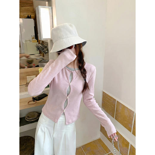 <曾小咸推荐>韩系拼色假两件镂空针织衫 商品图4