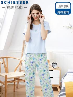 【时尚家居服系列】舒雅女短袖九分裤套装上衣：棉莫单面 50%棉 50%莫代尔 32S 单面 150g/m2  裤子：100%棉  80X80 165X105   31/26420H