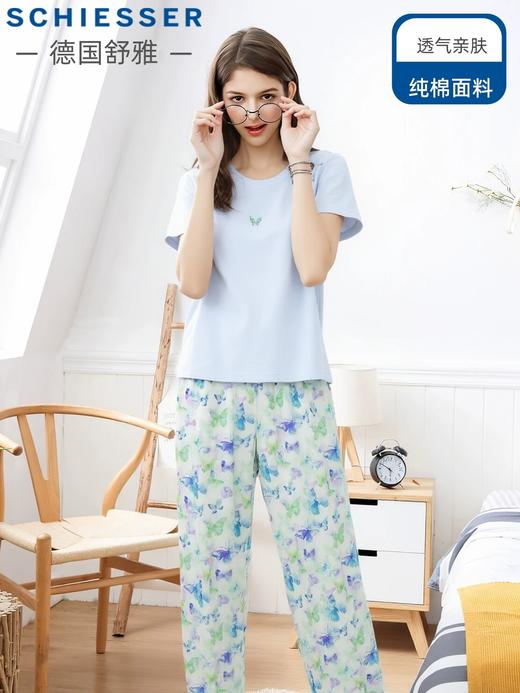 【时尚家居服系列】舒雅女短袖九分裤套装上衣：棉莫单面 50%棉 50%莫代尔 32S 单面 150g/m2  裤子：100%棉  80X80 165X105   31/26420H 商品图0