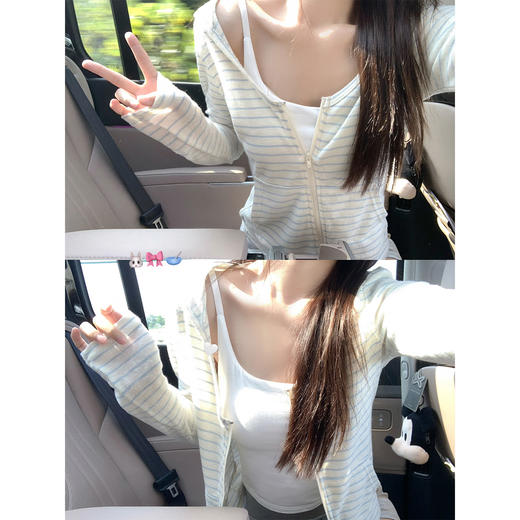 <曾小咸推荐>韩系蓝白条纹拉链长袖t恤上衣 商品图4