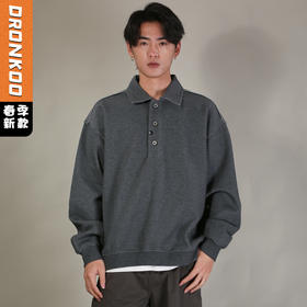 DRONKOO 2026 翻领三粒扣下摆拼T恤假两件微阔中厚卫衣