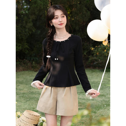 鹿向南「半岛弥香」黑色蝴蝶结T恤长袖女春季收腰显瘦高级感上衣 商品图0