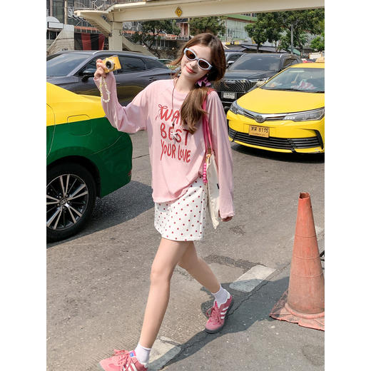<曾小咸推荐>韩系粉色圆领印花t恤波点半裙【预售3-15天发货】 商品图1
