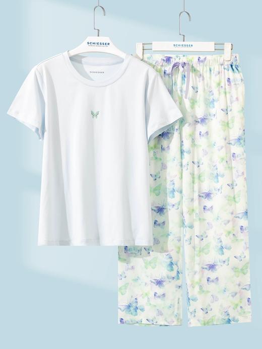 【时尚家居服系列】舒雅女短袖九分裤套装上衣：棉莫单面 50%棉 50%莫代尔 32S 单面 150g/m2  裤子：100%棉  80X80 165X105   31/26420H 商品图3