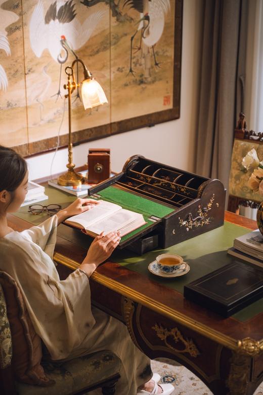 独角鹿西洋古董19世纪日本明治时期出品寄木细工莳绘卷帘写字盒 商品图1