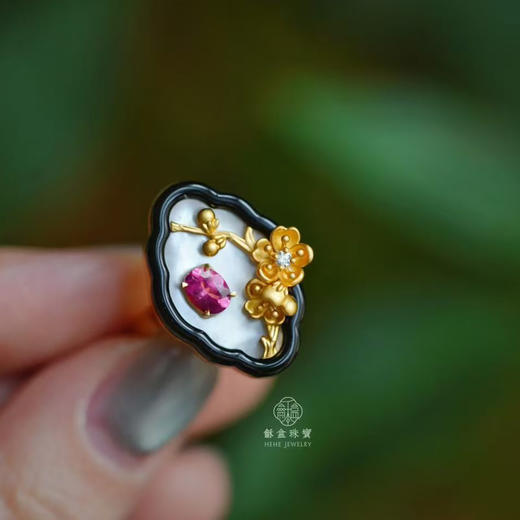 龢盒原创 春桃碧玺银镶耳钉戒指 商品图4