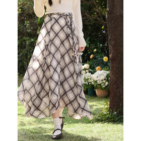 鹿向南「南杏庄园」咖色格子半身裙女春季新款高腰不规则长款裙子