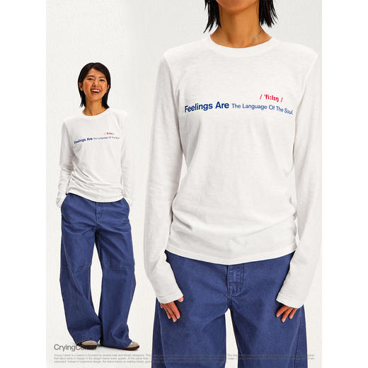 CryingCenter 竹节棉软糯字母印花长袖宽松chill 正肩基础 tee 商品图2
