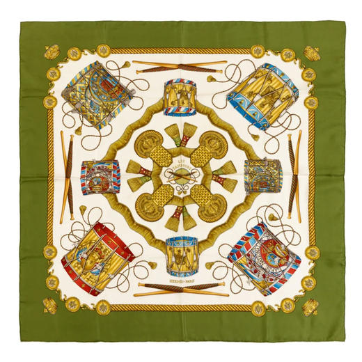 独角鹿西洋古董1989年法国爱马仕出品 Joachim Metz 设计《军鼓》主题绿色款丝绸方巾 商品图0